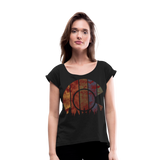 Women's Roll Cuff T-Shirt : Rusted Colorful Colorado Flag with Cutout Trees - black; rusted colorado flag shirt, rusted colorado flag t-shirt, grunge colorado flag shirt, grunge colorado flag t-shirt, colorado flag shirt, colorado flag t-shirt, colorado pride shirt, colorado pride t-shirt