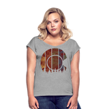 Women's Roll Cuff T-Shirt : Rusted Colorful Colorado Flag with Cutout Trees - heather gray; rusted colorado flag shirt, rusted colorado flag t-shirt, grunge colorado flag shirt, grunge colorado flag t-shirt, colorado flag shirt, colorado flag t-shirt, colorado pride shirt, colorado pride t-shirt