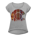 Women's Roll Cuff T-Shirt : Rusted Colorful Colorado Flag with Cutout Trees - heather gray; rusted colorado flag shirt, rusted colorado flag t-shirt, grunge colorado flag shirt, grunge colorado flag t-shirt, colorado flag shirt, colorado flag t-shirt, colorado pride shirt, colorado pride t-shirt