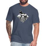 Unisex 50/50 T-Shirt : Mt. LEVAtation - heather navy; Mt. lEVAtation Night Wolf on floating island; floating island t-shirt, wolf howling silhouette t-shirt, shirt with wolf howling on floating island, t-shirt with wolf howling on floating island