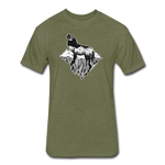 Unisex 50/50 T-Shirt : Mt. LEVAtation - heather military green; Mt. lEVAtation Night Wolf on floating island; floating island t-shirt, wolf howling silhouette t-shirt, shirt with wolf howling on floating island, t-shirt with wolf howling on floating island