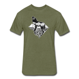 Unisex 50/50 T-Shirt : Mt. LEVAtation - heather military green; Mt. lEVAtation Night Wolf on floating island; floating island t-shirt, wolf howling silhouette t-shirt, shirt with wolf howling on floating island, t-shirt with wolf howling on floating island