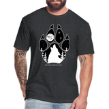 Unisex 50/50 T-Shirt : Wolf Paw with Wolf Howling at the Moon - heather black; wolf paw shirt, wolf shirt, wolf howling at the moon shirt, full moon shirt, dog paw shirt, paw print shirt