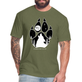 Unisex 50/50 T-Shirt : Wolf Paw with Wolf Howling at the Moon - heather military green; wolf paw shirt, wolf shirt, wolf howling at the moon shirt, full moon shirt, dog paw shirt, paw print shirt