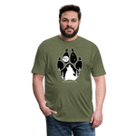 Unisex 50/50 T-Shirt : Wolf Paw with Wolf Howling at the Moon - heather military green; wolf paw shirt, wolf shirt, wolf howling at the moon shirt, full moon shirt, dog paw shirt, paw print shirt