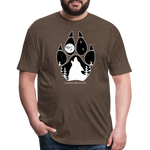 Unisex 50/50 T-Shirt : Wolf Paw with Wolf Howling at the Moon - heather espresso; wolf paw shirt, wolf shirt, wolf howling at the moon shirt, full moon shirt, dog paw shirt, paw print shirt