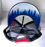 Colorado trucker hat, Telluride mountain art, Colorado flag hat, mountain sunrise hat, wearable mountain art, hidden under brim design, high country snapback, evergreen forest graphic hat, artistic snapback hat, Colorado outdoor apparel, unique mountain gifts