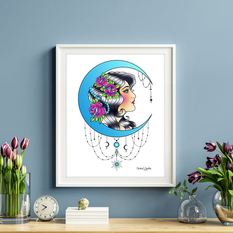 Moon Goddess print, Moon Goddess fine art, american traditional Moon goddess art, traditional style Moon goddess drawing, crescent moon with jewelry art, pin up drawing, american traditional woman drawing, american traditional girl art, diamond cut circle pendant art, old school moon goddess art, sailor jerry moon goddess art